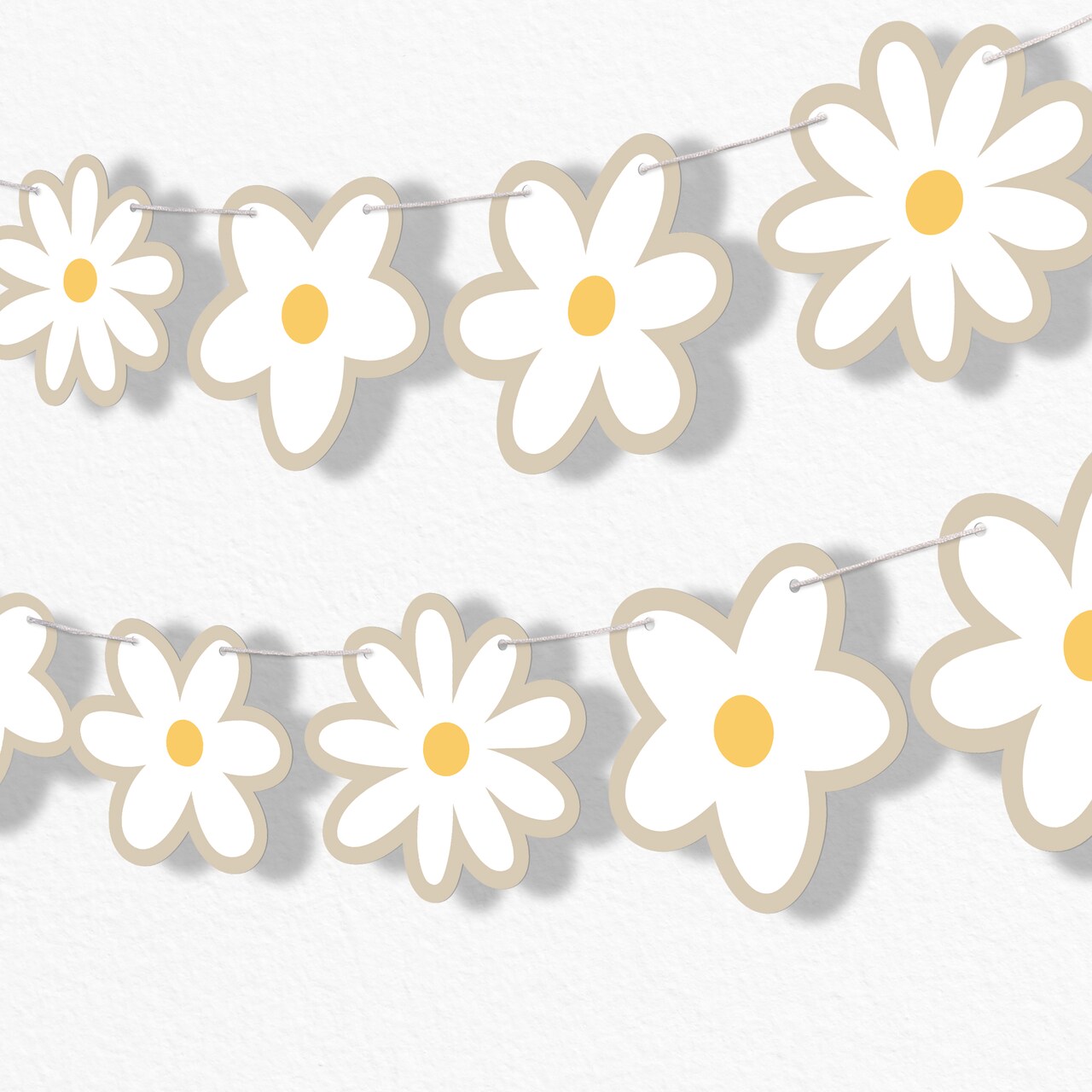 Big Dot of Happiness Tan Daisy Flowers Garland Banner, Boho Hanging Decorations, Groovy Floral Party Banner, 30 Feet of Cord, 15 Double-Sided Daisies